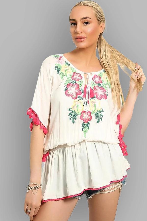 Cream Multicolour Embroidery Summer Tunic