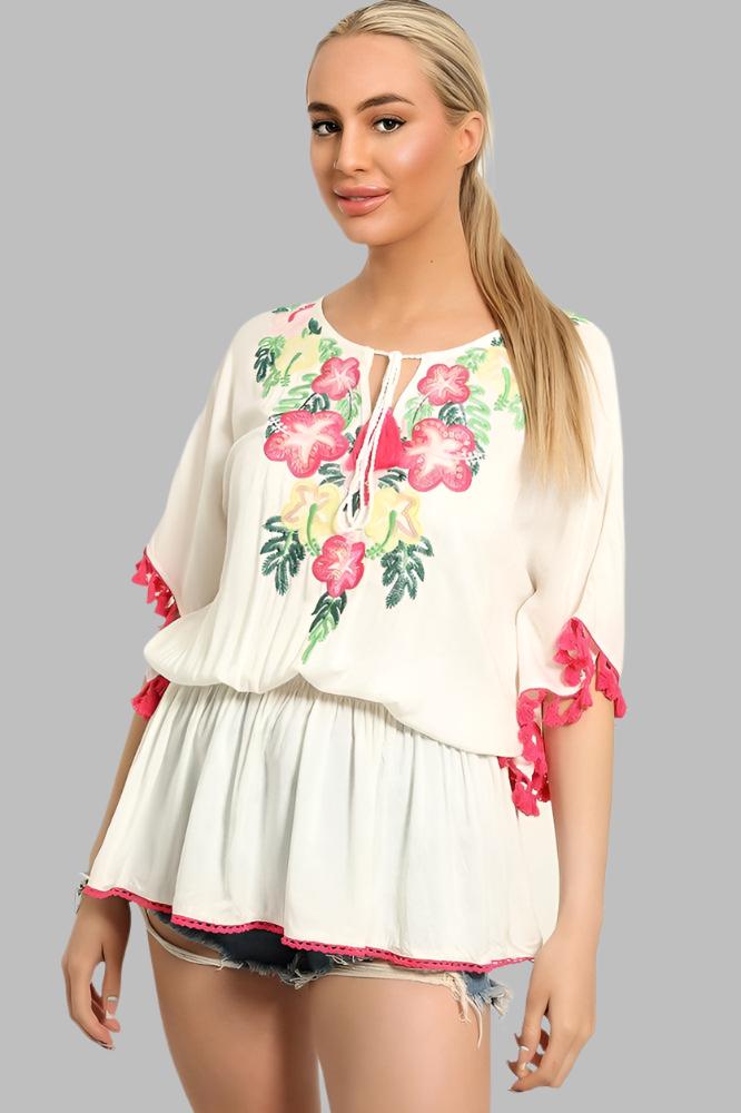Cream Multicolour Embroidery Summer Tunic-SinglePrice