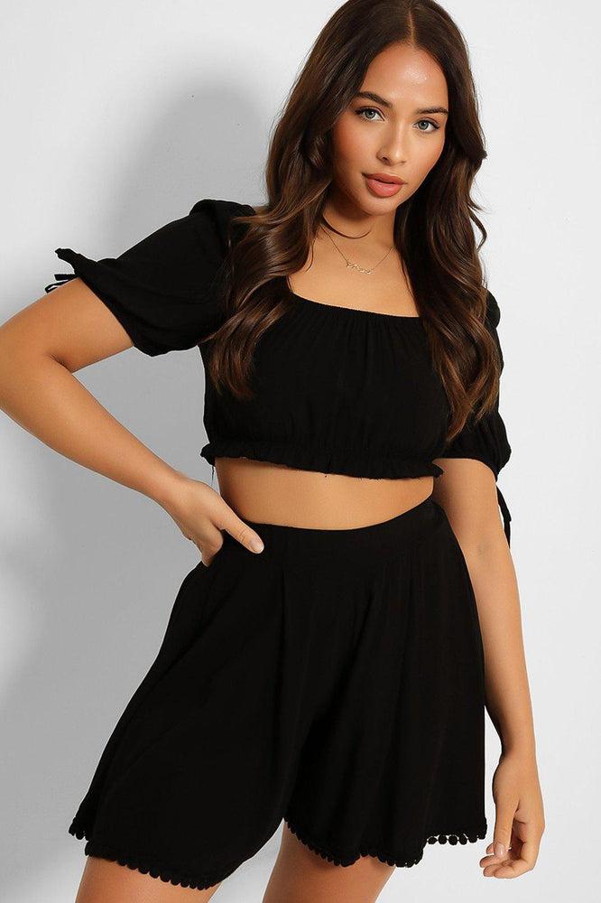 Puff Sleeve Crop Top And Pleated Shorts Set-SinglePrice