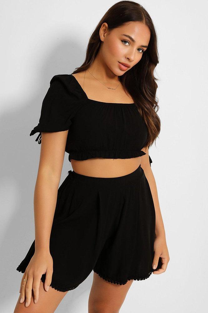 Puff Sleeve Crop Top And Pleated Shorts Set-SinglePrice