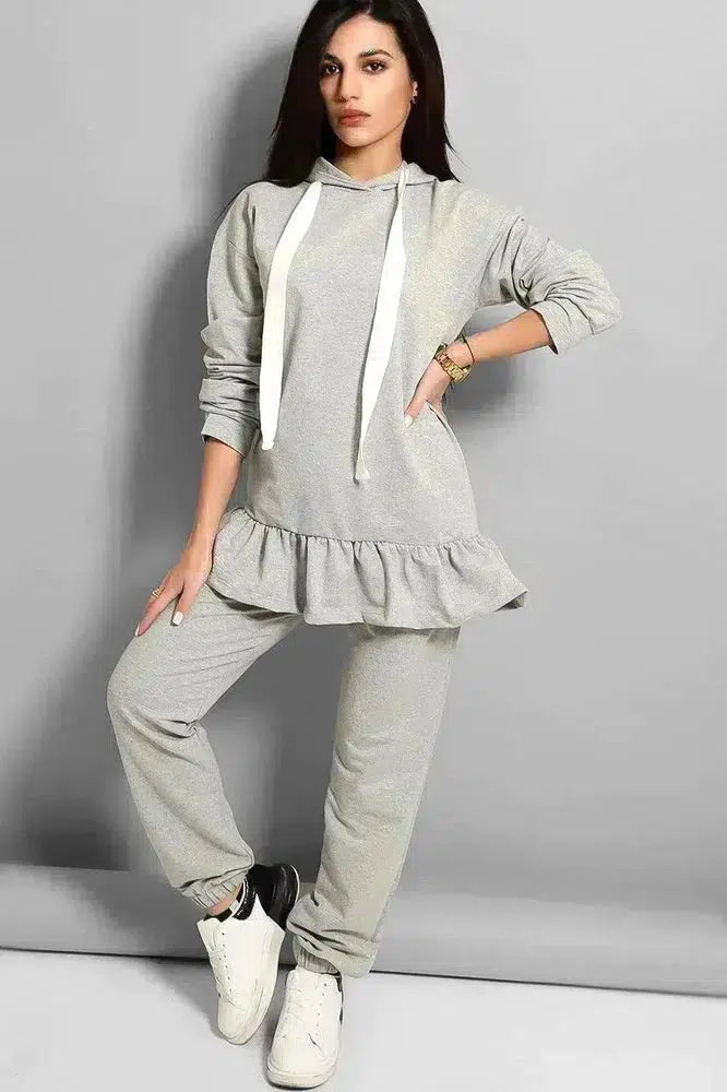 Grey Frilled Hem Hoodie Tracksuit-SinglePrice