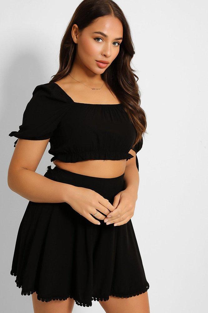 Puff Sleeve Crop Top And Pleated Shorts Set-SinglePrice