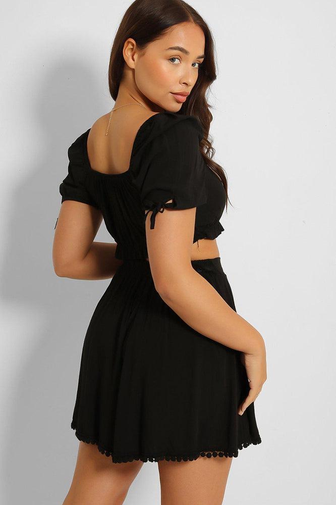 Puff Sleeve Crop Top And Pleated Shorts Set-SinglePrice