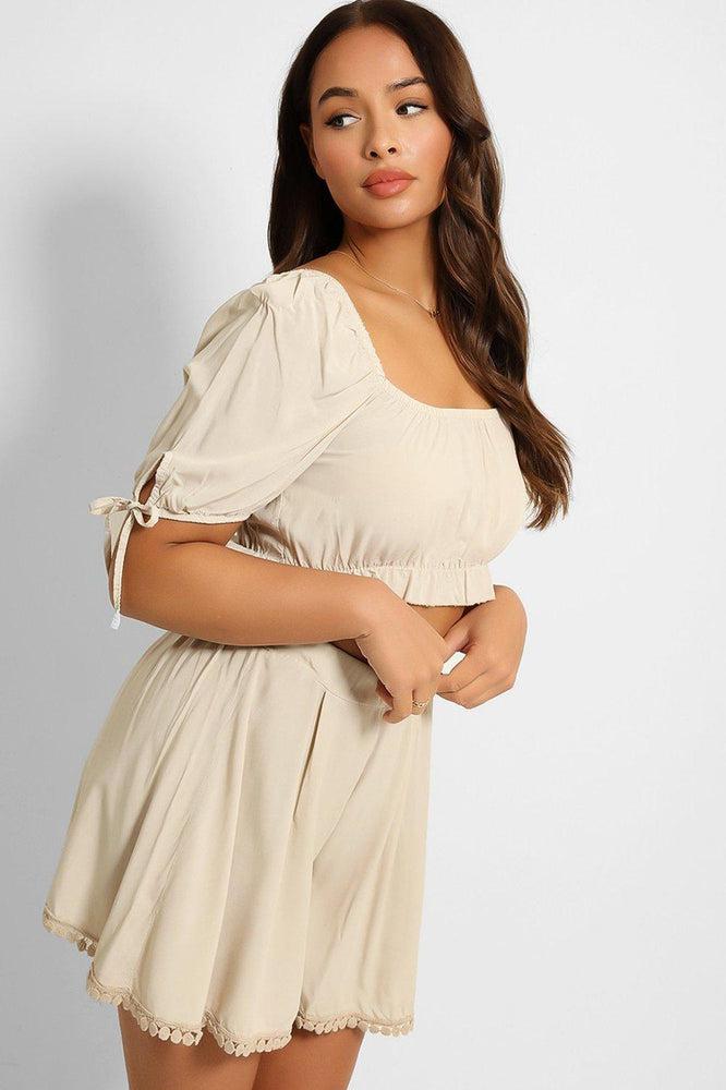 Puff Sleeve Crop Top And Pleated Shorts Set-SinglePrice