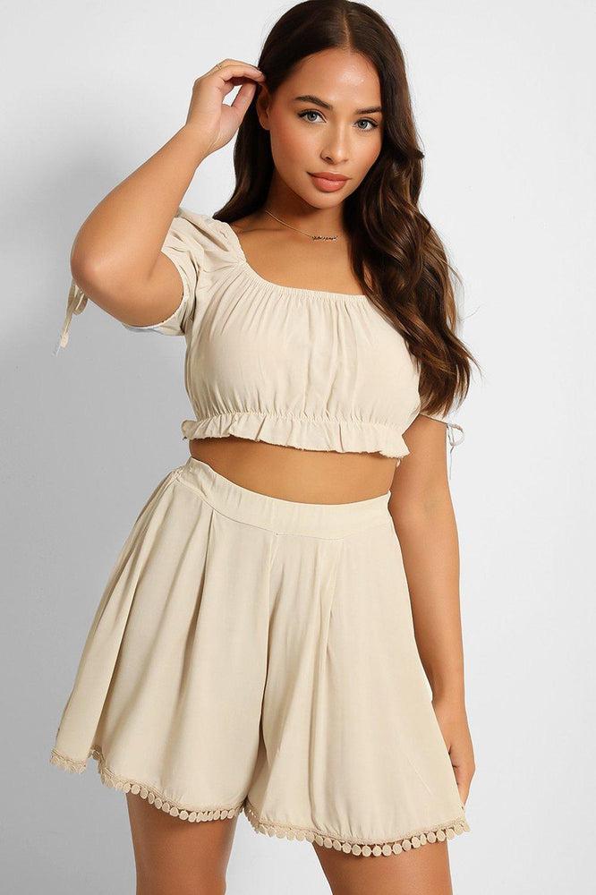 Puff Sleeve Crop Top And Pleated Shorts Set-SinglePrice