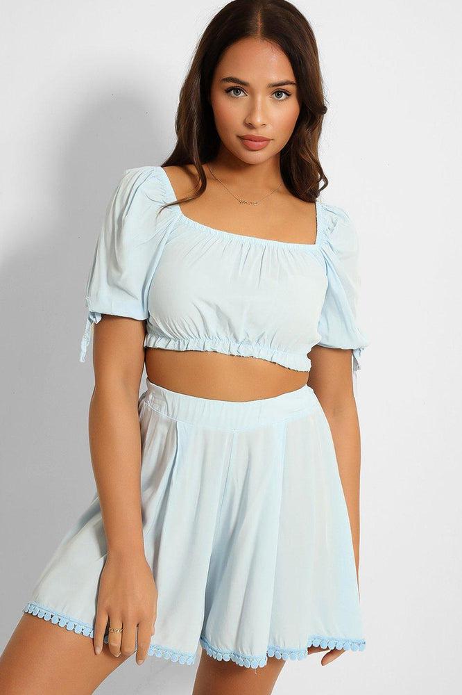 Puff Sleeve Crop Top And Pleated Shorts Set-SinglePrice