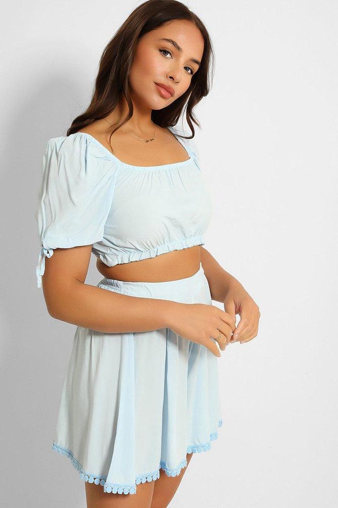 Puff Sleeve Crop Top And Pleated Shorts Set-SinglePrice