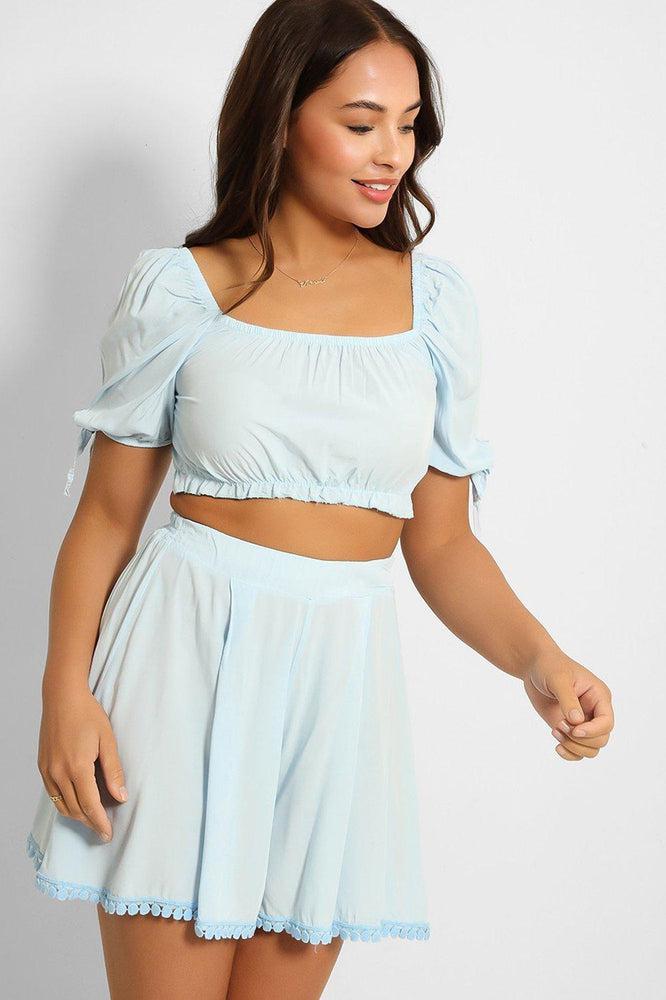 Puff Sleeve Crop Top And Pleated Shorts Set-SinglePrice