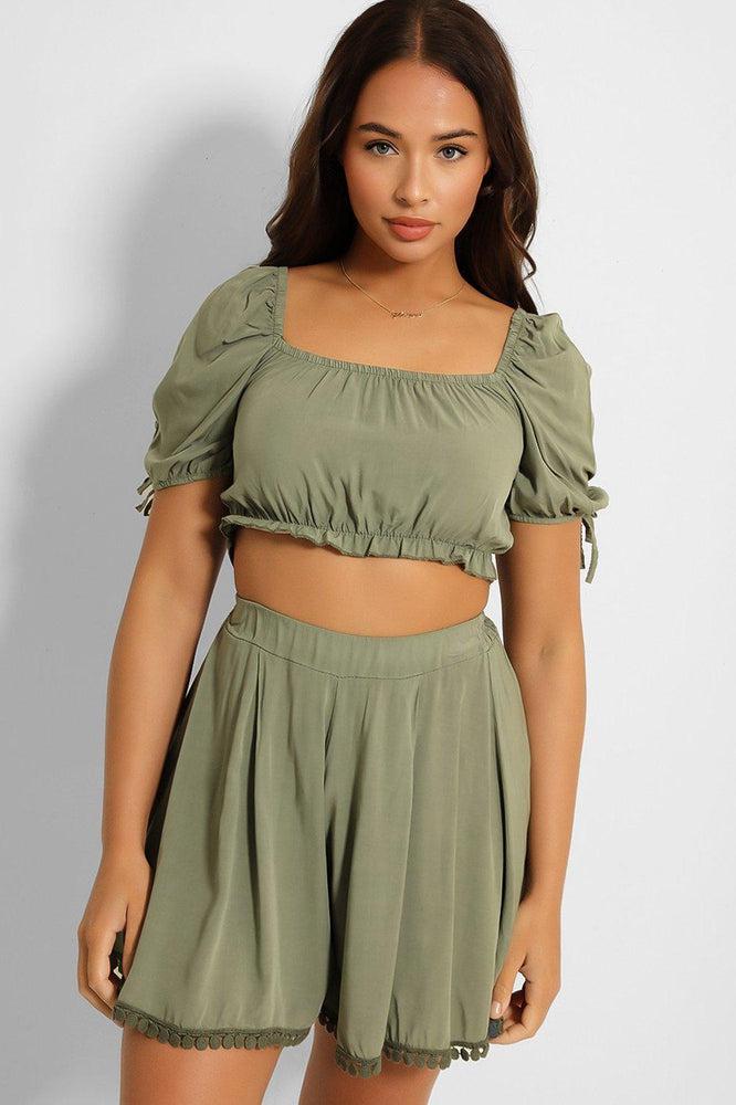 Puff Sleeve Crop Top And Pleated Shorts Set-SinglePrice