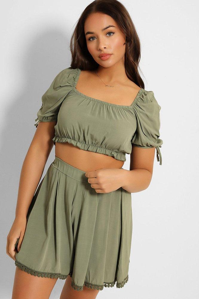 Puff Sleeve Crop Top And Pleated Shorts Set-SinglePrice