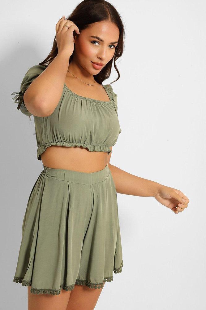 Puff Sleeve Crop Top And Pleated Shorts Set-SinglePrice