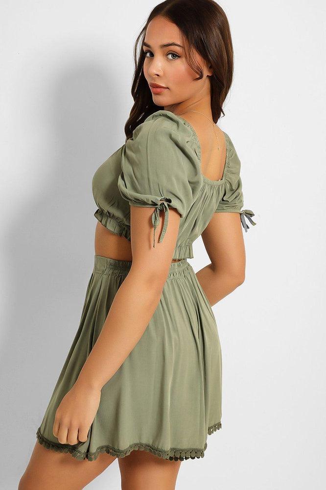 Puff Sleeve Crop Top And Pleated Shorts Set-SinglePrice