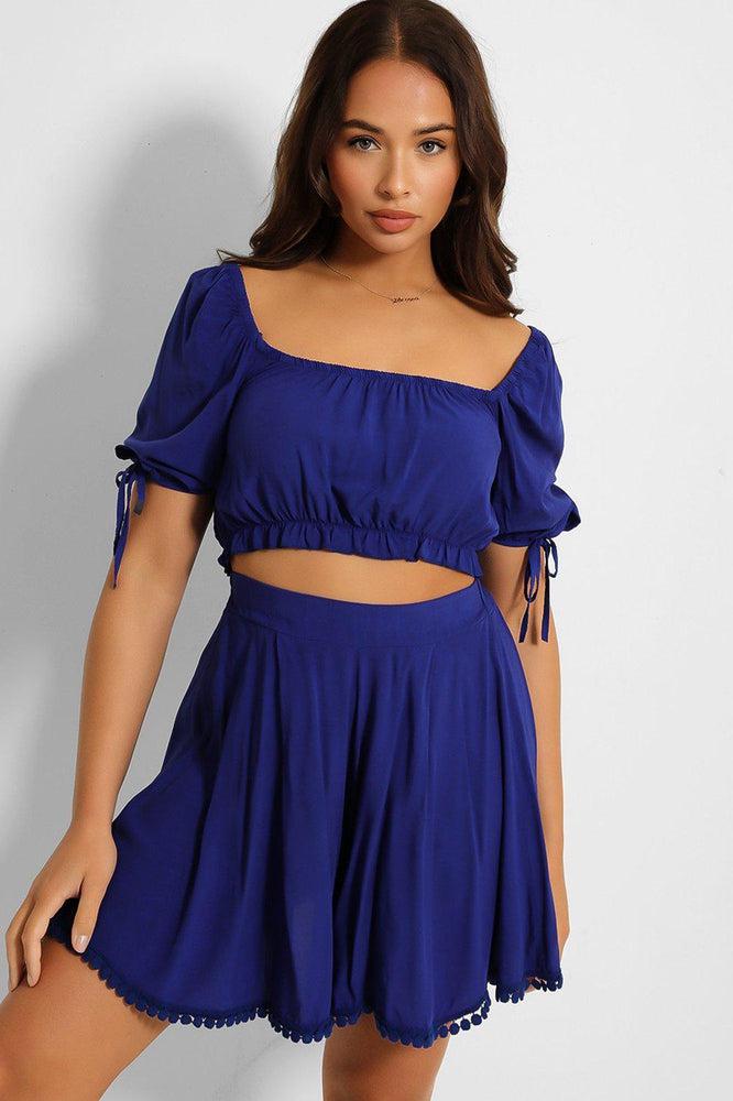 Puff Sleeve Crop Top And Pleated Shorts Set-SinglePrice