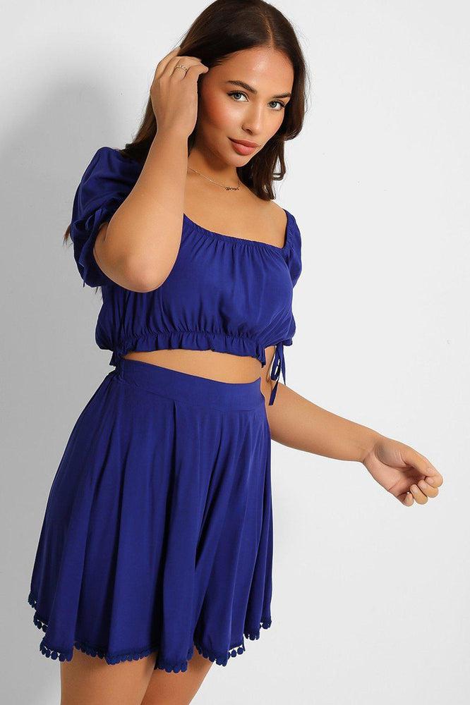 Puff Sleeve Crop Top And Pleated Shorts Set-SinglePrice
