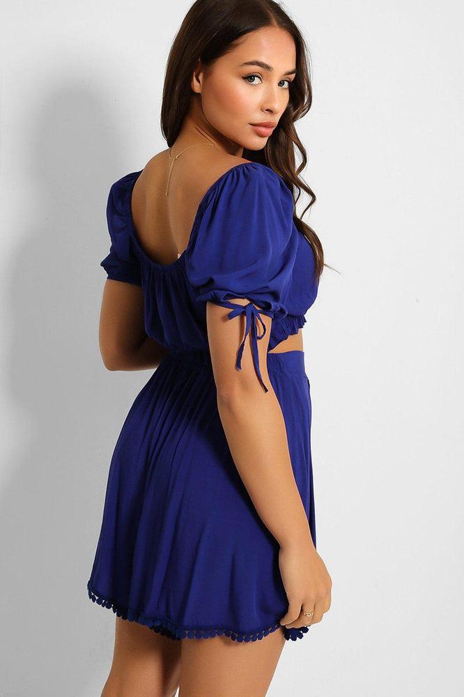 Puff Sleeve Crop Top And Pleated Shorts Set-SinglePrice
