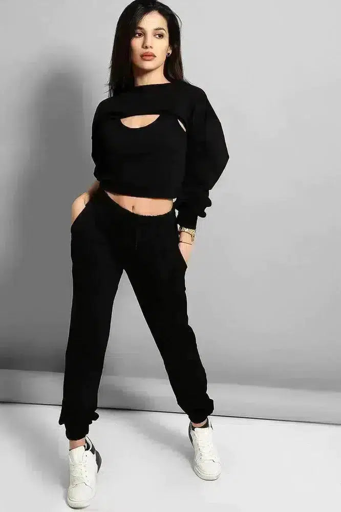 Black Cropped Top 3 Piece Tracksuit-SinglePrice