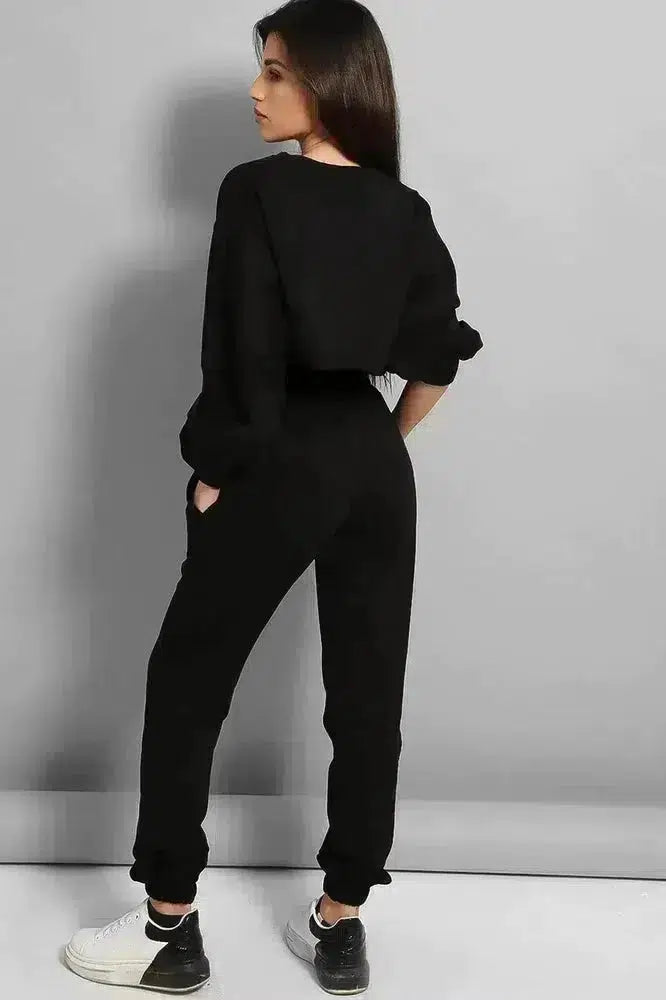 Black Cropped Top 3 Piece Tracksuit-SinglePrice