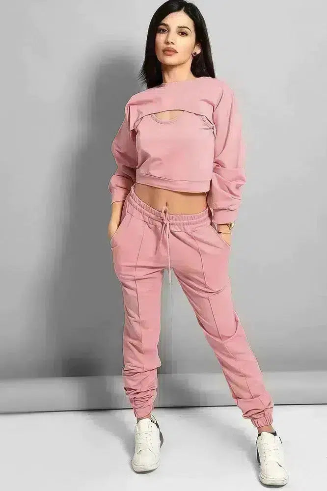 Dusty Pink Cropped Top 3 Piece Tracksuit-SinglePrice