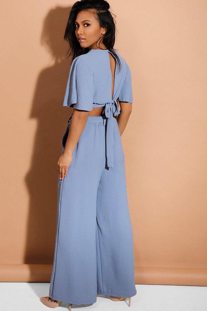 Blue Back Tie Crop Top And Palazzo Trousers Set-SinglePrice