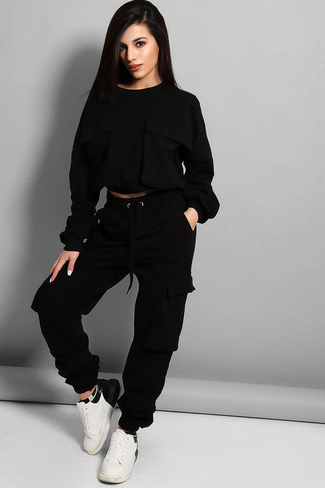 Black Exaggerated Front Pockets Cropped Top Tracksuit-SinglePrice