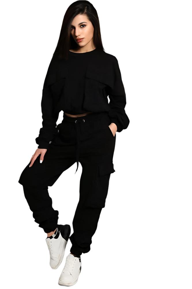 Black Exaggerated Front Pockets Cropped Top Tracksuit-SinglePrice