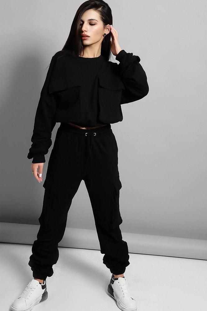 Black Exaggerated Front Pockets Cropped Top Tracksuit-SinglePrice