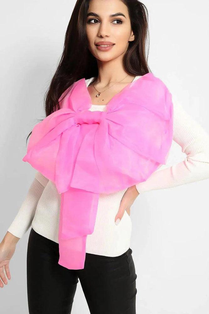 Cream Pink Large Organza Bow Rib Knit Pullover-SinglePrice