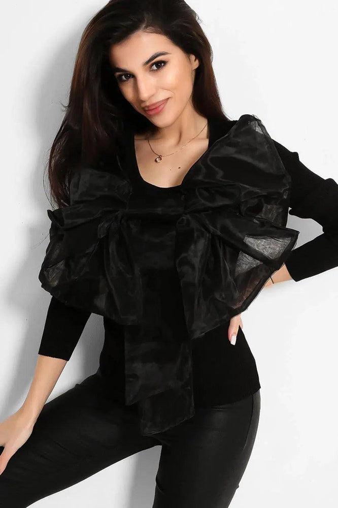 All Black Large Organza Bow Rib Knit Pullover-SinglePrice