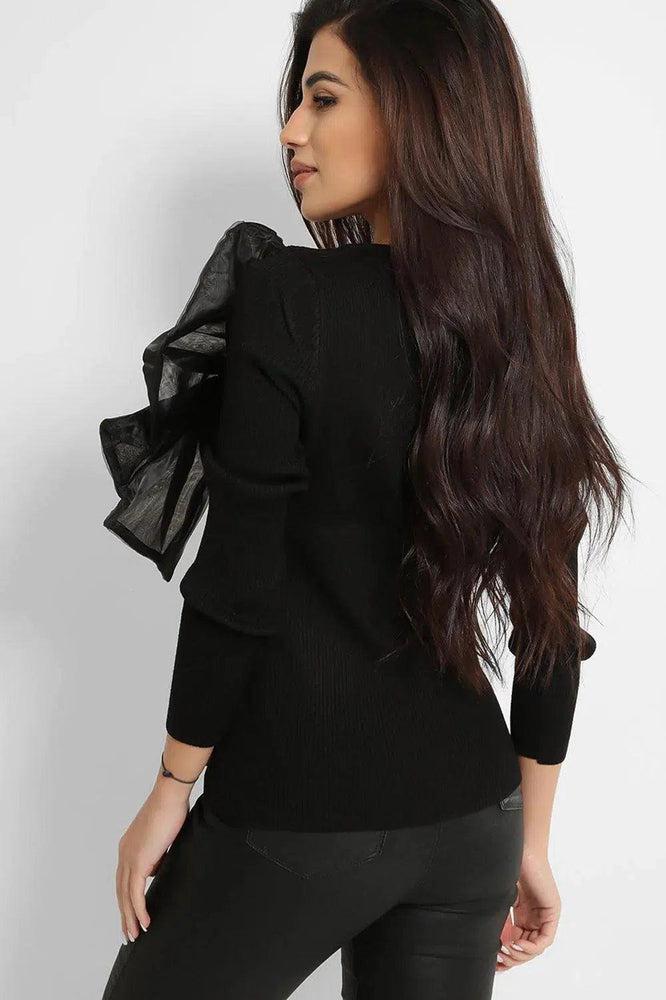 All Black Large Organza Bow Rib Knit Pullover-SinglePrice