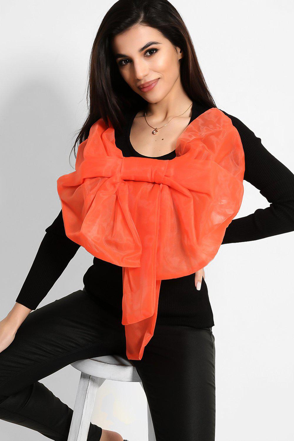 Black Orange Large Organza Bow Rib Knit Pullover-SinglePrice