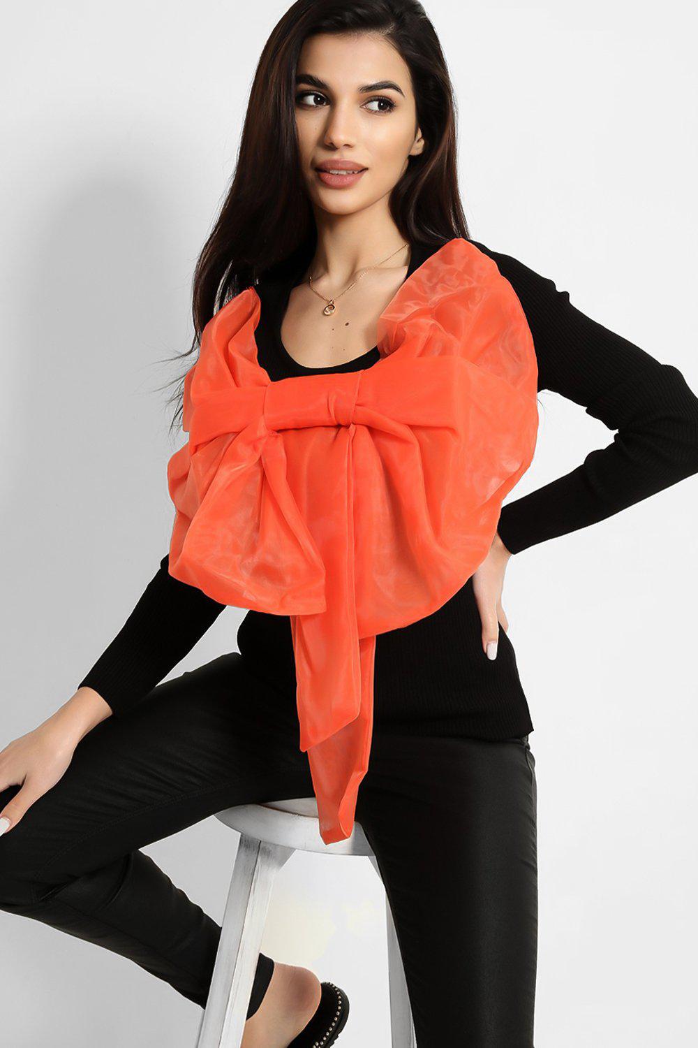 Black Orange Large Organza Bow Rib Knit Pullover-SinglePrice
