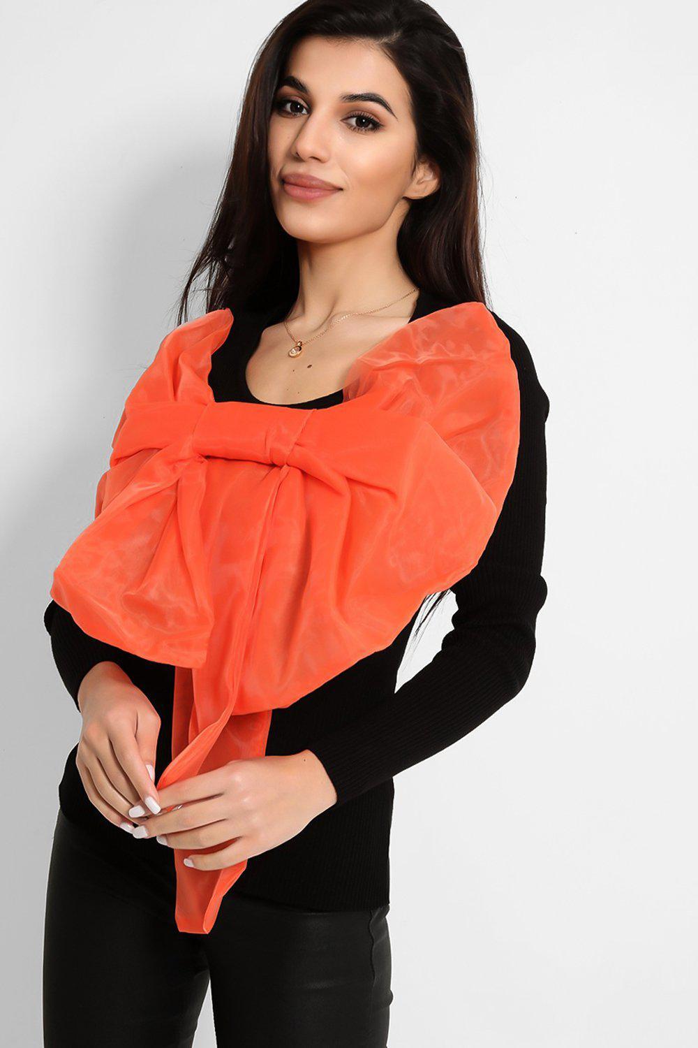 Black Orange Large Organza Bow Rib Knit Pullover-SinglePrice