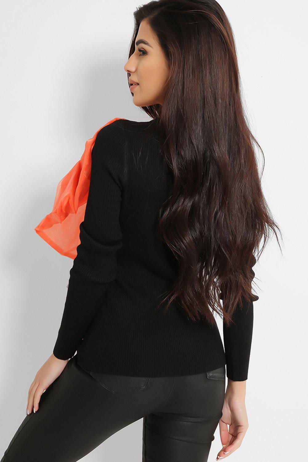 Black Orange Large Organza Bow Rib Knit Pullover-SinglePrice