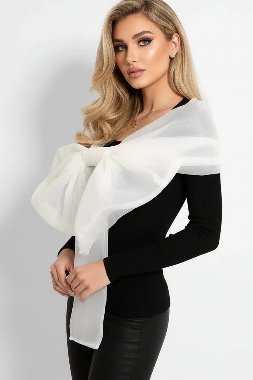 Black White Large Organza Bow Rib Knit Pullover-SinglePrice