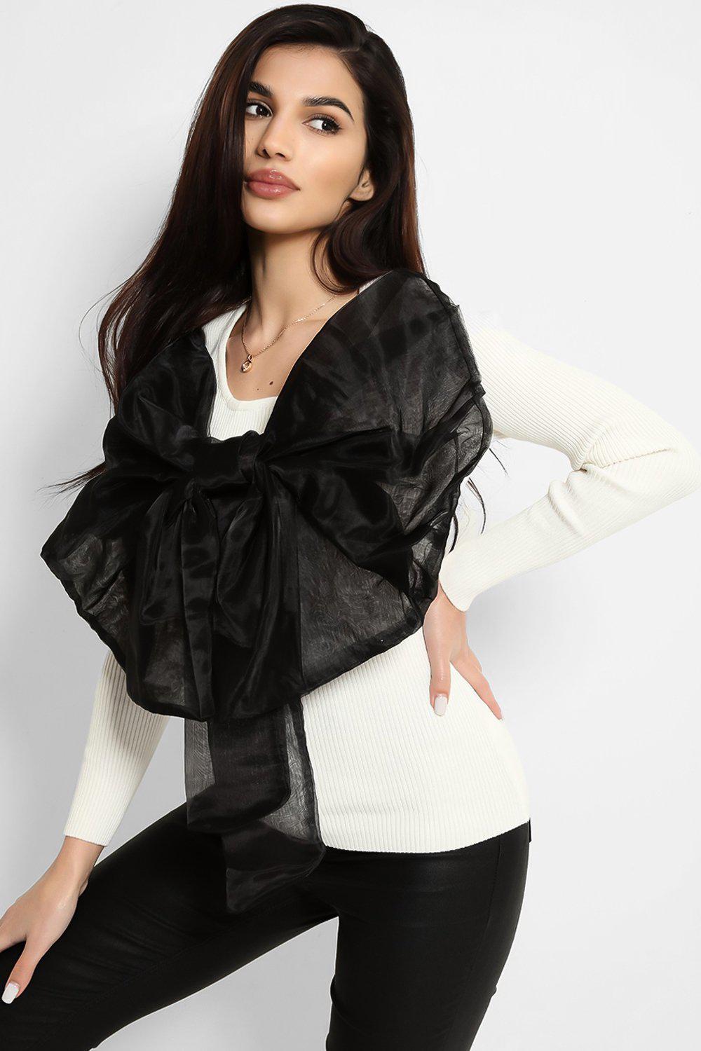 Cream Black Large Organza Bow Rib Knit Pullover-SinglePrice