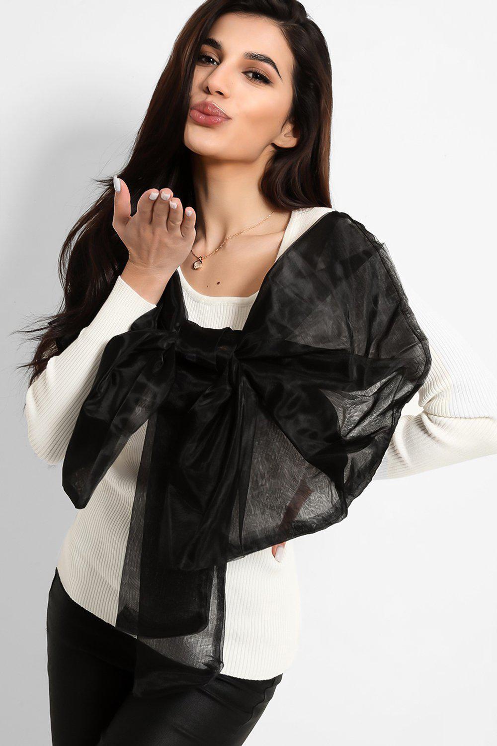 Cream Black Large Organza Bow Rib Knit Pullover-SinglePrice