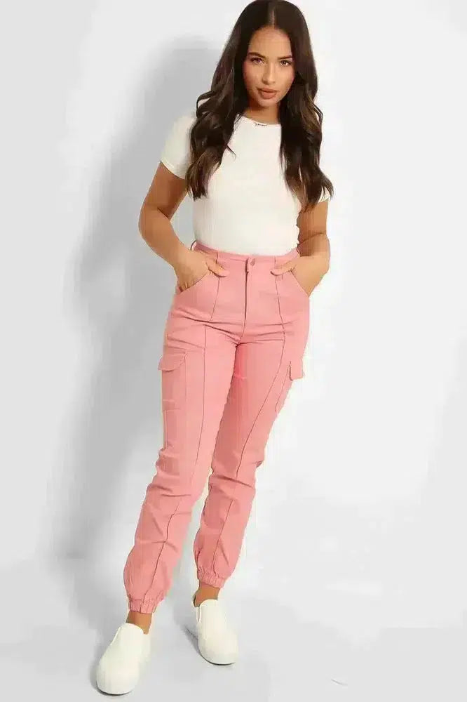 Elastic Hem Side Utility Pockets Cargo Trousers-SinglePrice