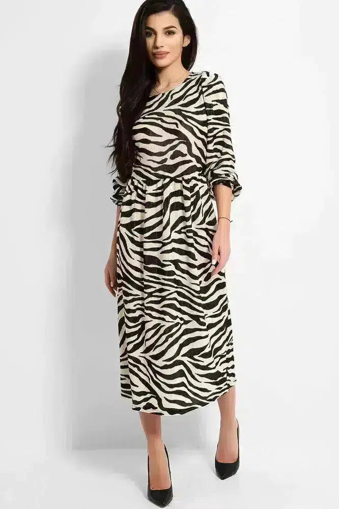 Beige Black Zebra Print Pleated Balloon Sleeves Midi Dress-SinglePrice