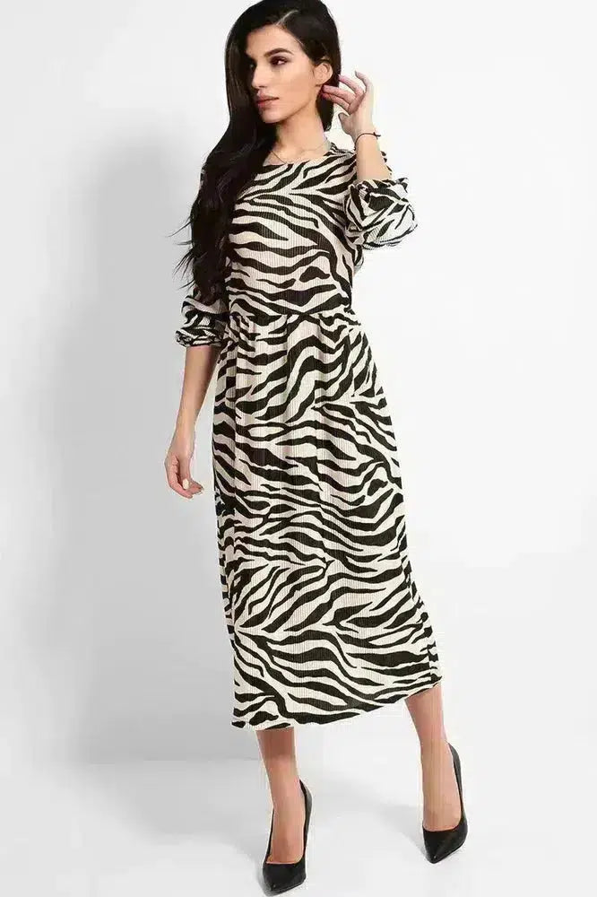 Beige Black Zebra Print Pleated Balloon Sleeves Midi Dress-SinglePrice