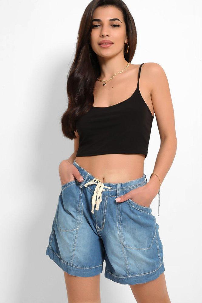 Blue Thin Denim Drawstring Waist Shorts-SinglePrice
