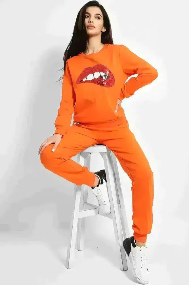 Orange Sequin Bite My Lip Front 2 Piece Tracksuit-SinglePrice
