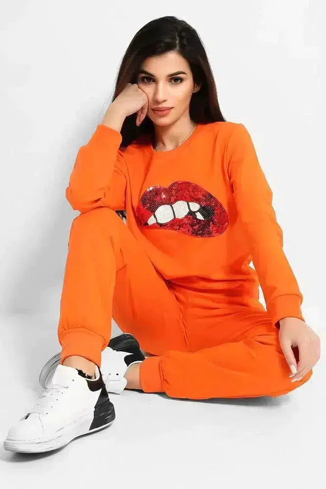 Orange Sequin Bite My Lip Front 2 Piece Tracksuit-SinglePrice