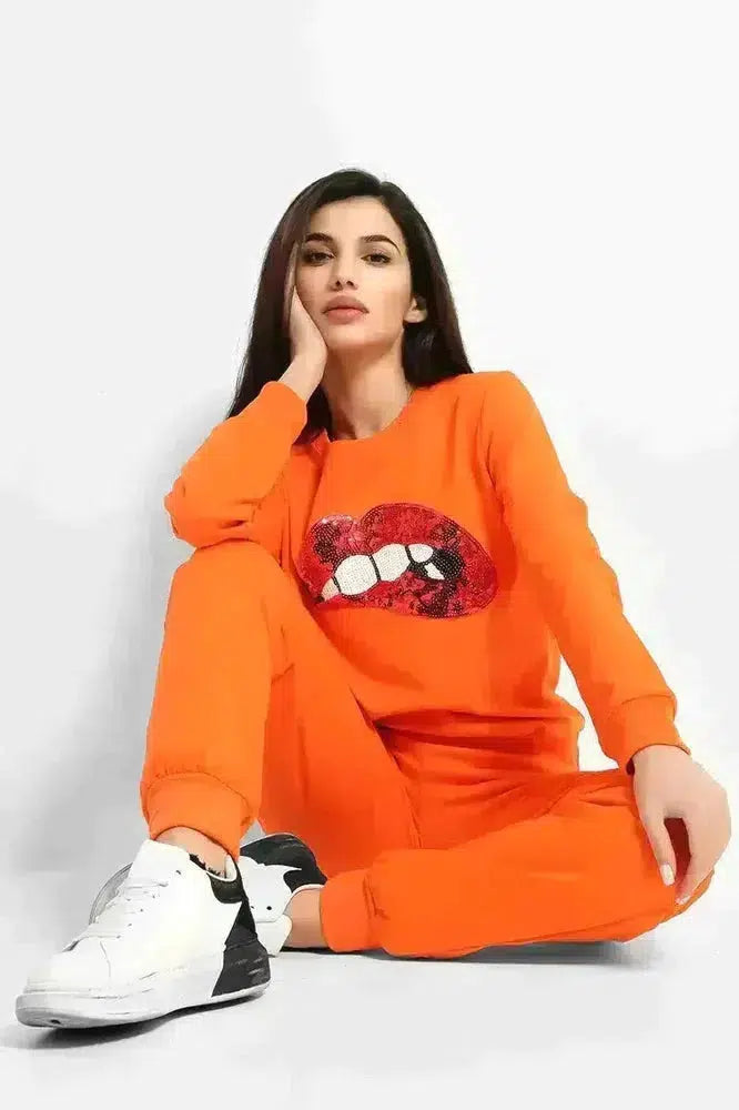 Orange Sequin Bite My Lip Front 2 Piece Tracksuit-SinglePrice