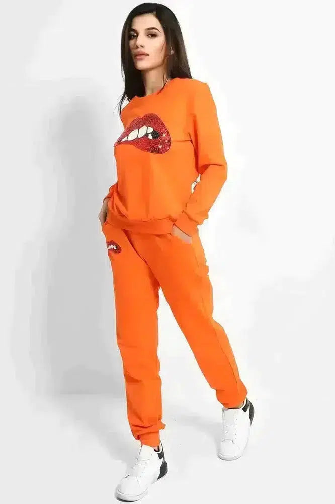 Orange Sequin Bite My Lip Front 2 Piece Tracksuit-SinglePrice