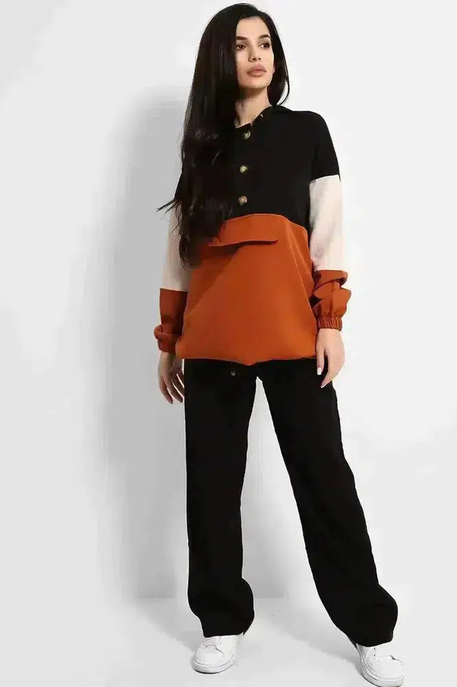 Brown Black Colourblock Longline Sweatshirt And Wide Leg Trousers Modest Set-SinglePrice