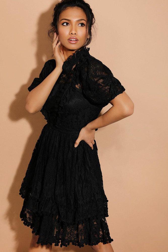 Black Pom Pom Trims Layered Delicate Lace Dress-SinglePrice