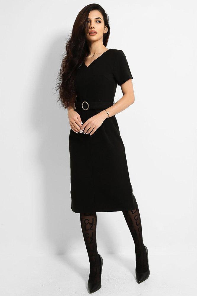 Black O-Ring Belt V-Neck Midi Dress-SinglePrice