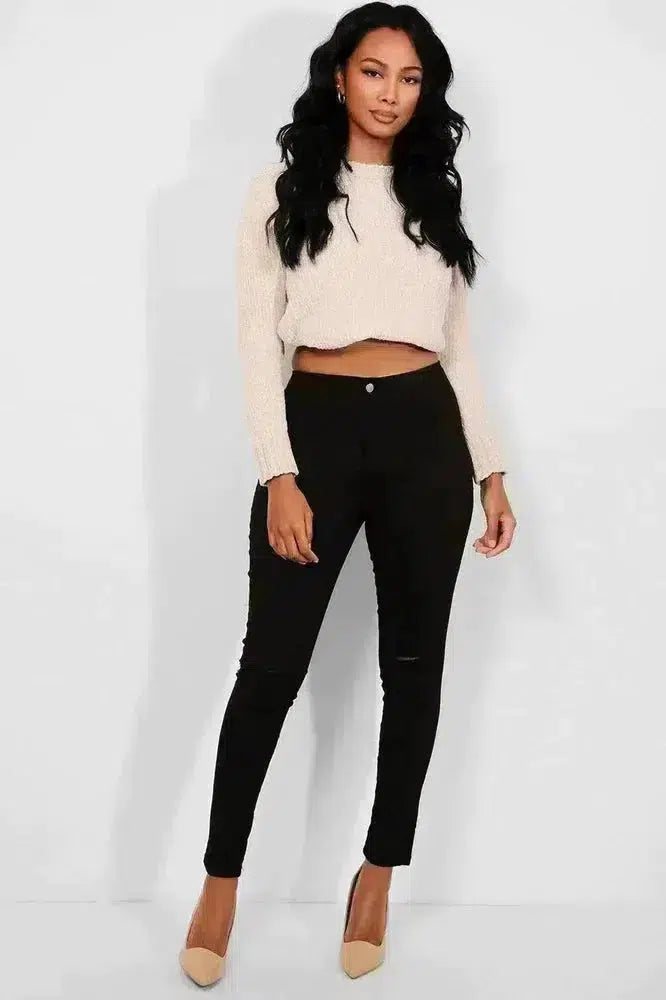 Black Slash Knee Plain Front High Waist Jeans-SinglePrice