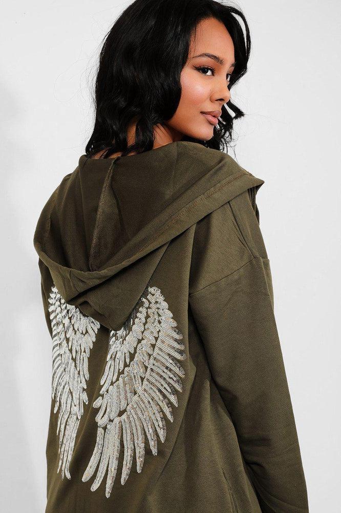 Khaki Hooded Sequinned Wings Open Cardigan-SinglePrice