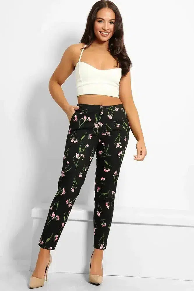 Black Floral Print Smart Trousers-SinglePrice